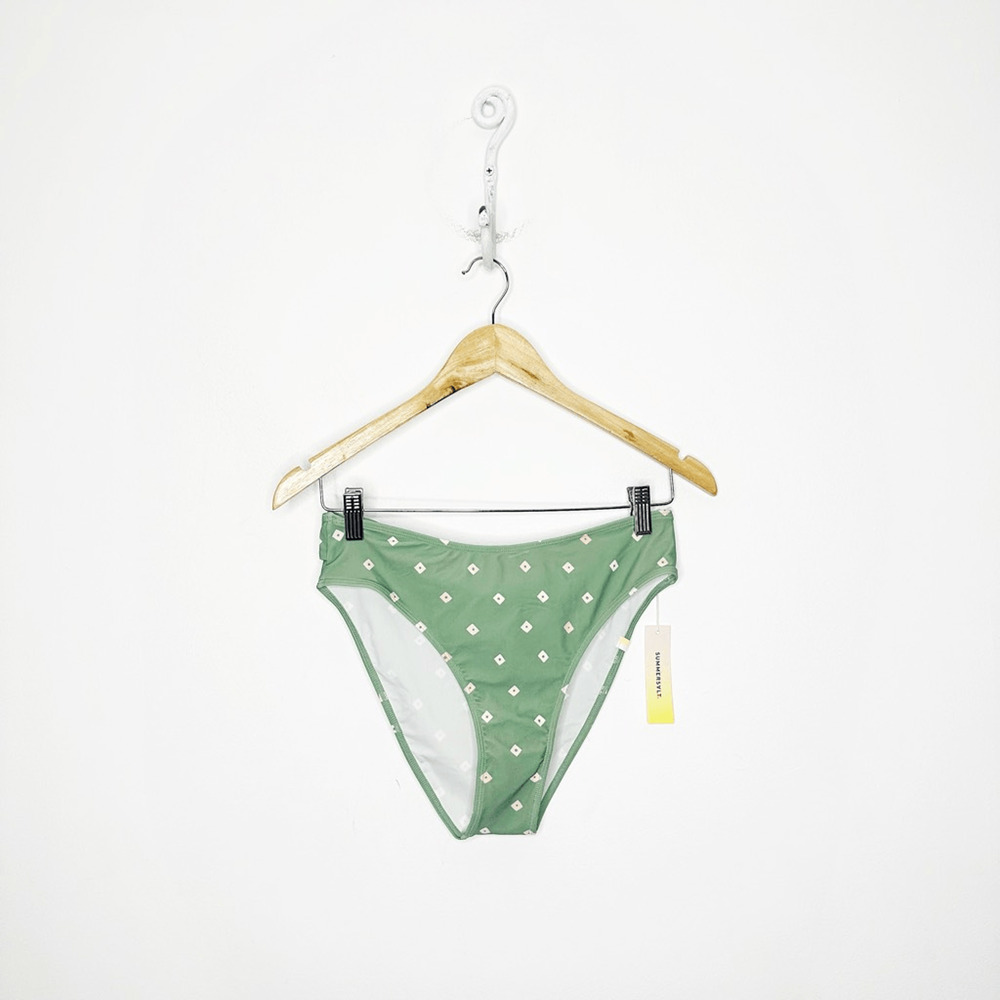 SUMMERSALT The Tie Belt High Leg Mid Rise Bottom Green Diamond Dot size 6 NWT